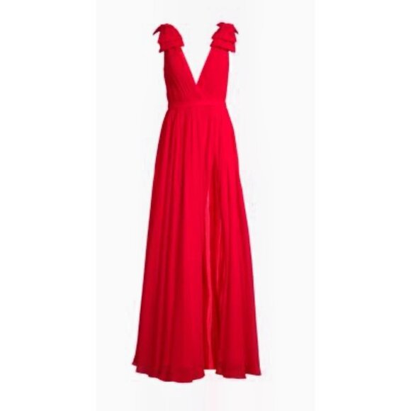 Flowy Red Evening Gown With Pleated V-Neck Bodice Dramatic Shoulder Bows & Back - Picture 10 of 10